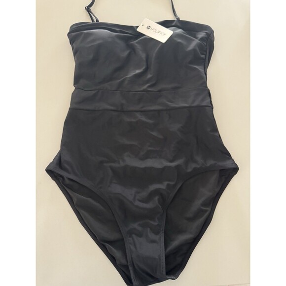 Women Black Bandeau One Piece Swimsuit Tummy Control Bathing Suit Halter size L - Picture 7 of 13